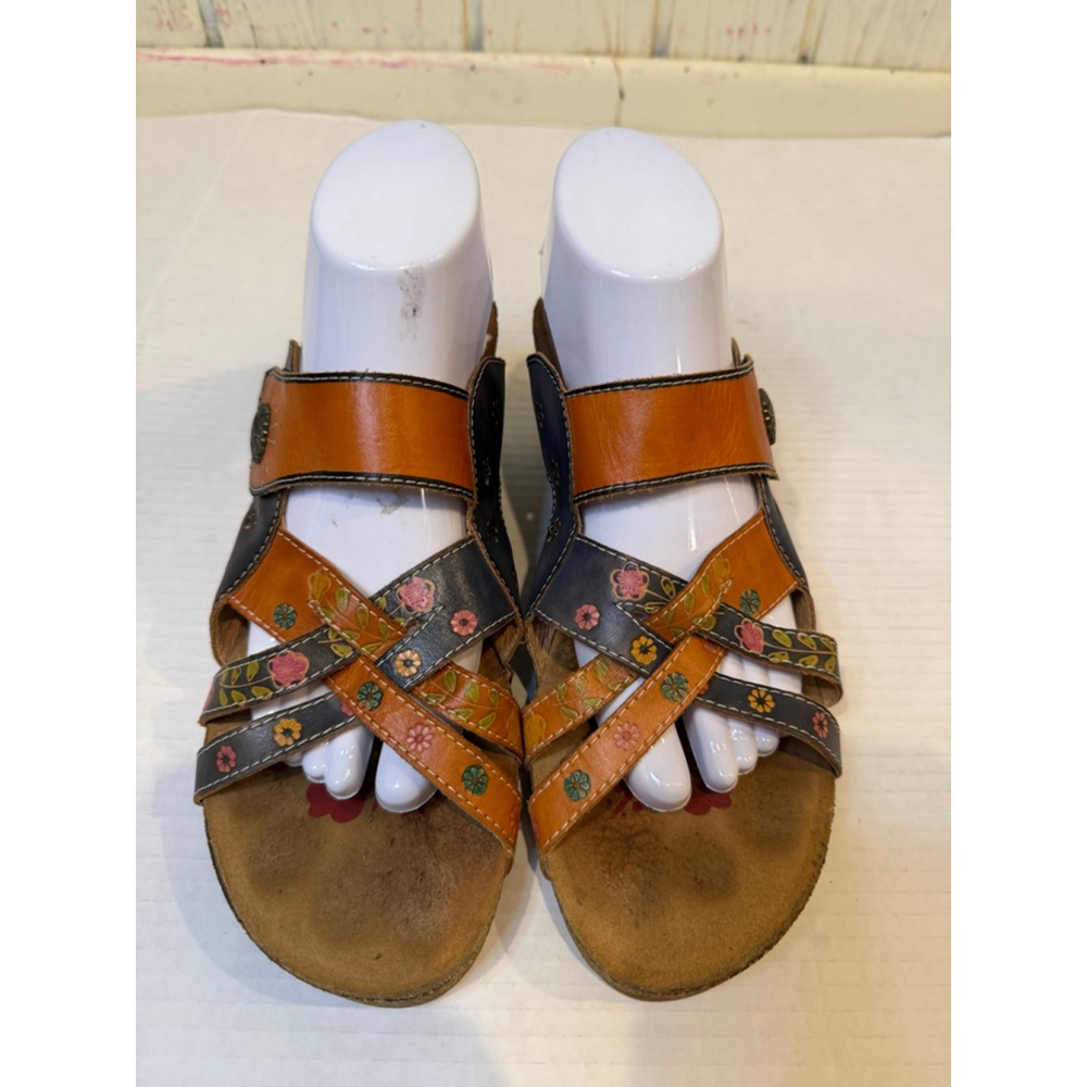 L'Artiste Orange Floral Wedge Sandals Size 10 5